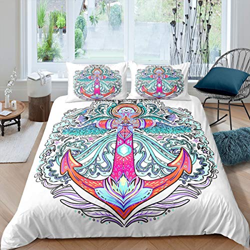 Loussiesd 3D Anchor Printed Bedding Set Nautical Theme Comforter Cover Kids Boys Girls Teens Hippie Boho Style Duvet Cover Wave Ocean Quilt Cover Breathable Room Decor 3Pcs Bedclothes King Size