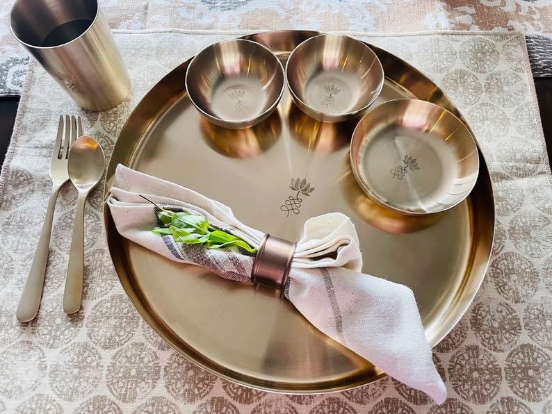 Juego de vajilla con grabado de loto de bronce, material de bronce puro, diseño elegante para cenas, comedor en casa, vajilla lista para regalo