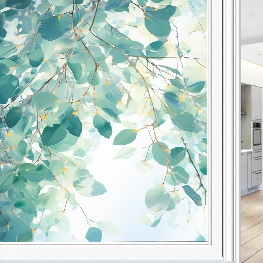 Colorful Leaves Window Privacy Film Tropical Beautiful Green Eucalyptus Stained Glass Window Film Sun Blocking Heat Control Decorative Window Covering Film for Home Office 23.6Wx35.4L inch
