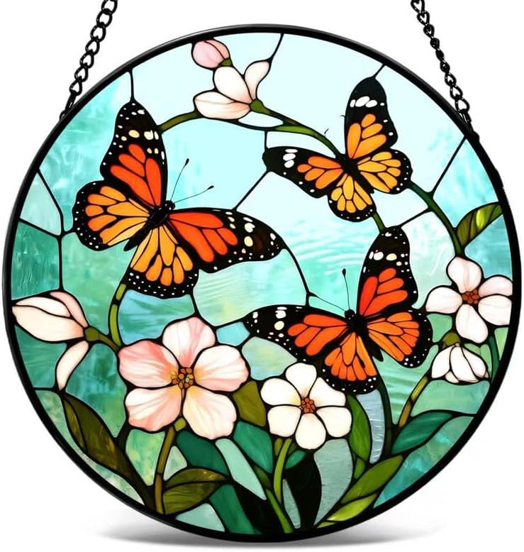 Round Butterfly Stained Glass Window Hanging Sun Catcher Orange Monarch Style Art Glass Panel with Flowers Colorful Window Decor for Home Kitchen Living Room Gift