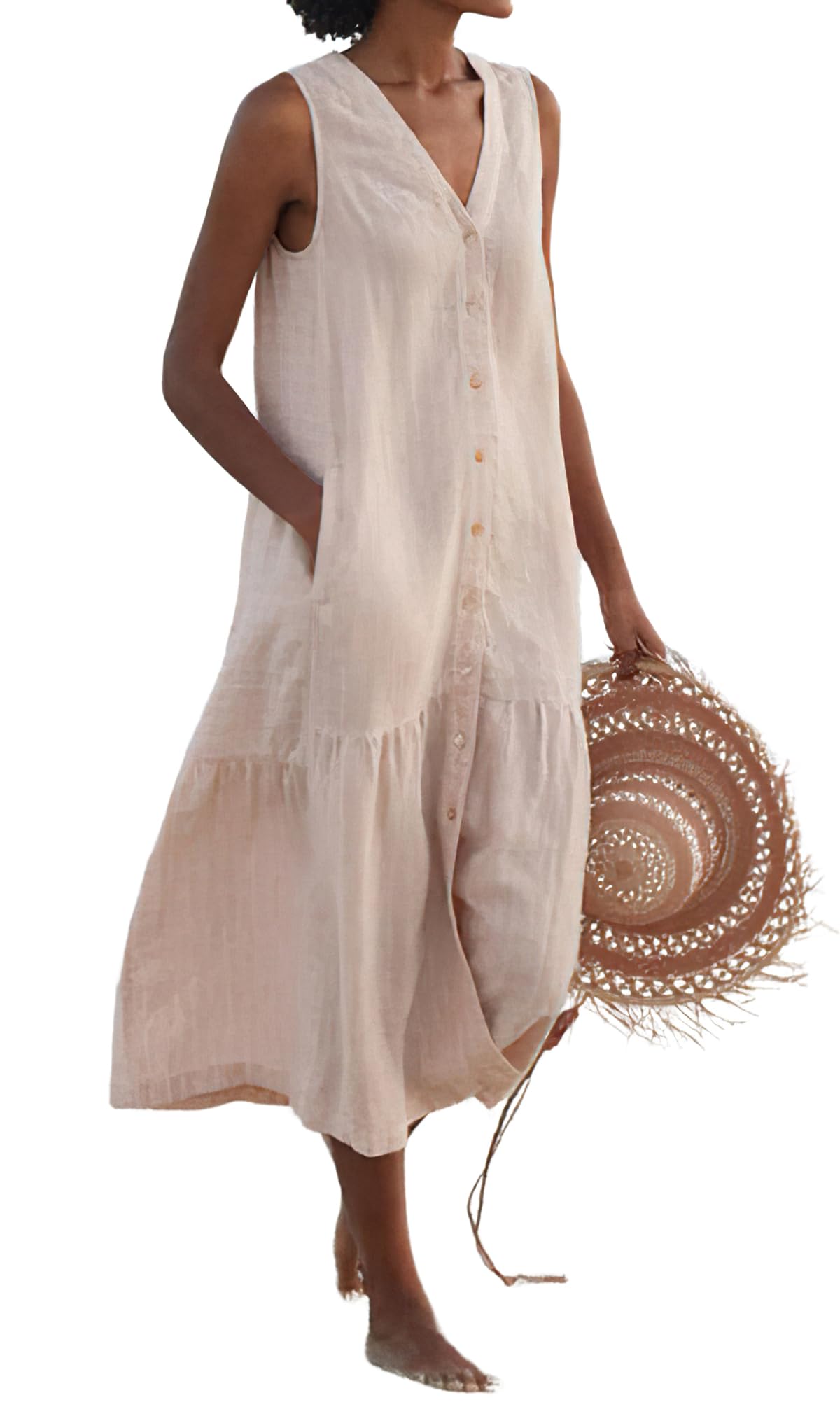 chouyatou Women's Summer Sleeveless Button Down Cotton Tank Dress Loose A-Line Tiered Tunic Beach Dress