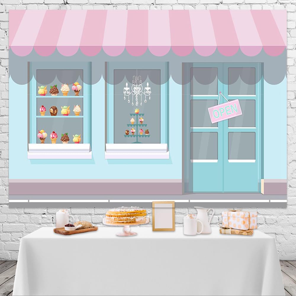 Mocsicka Ice Cream Parlor Backdrop 7x5ft Dessert Parlor for Girl Birthday Party Background Decorations Ice Cream Party Cake Table Decor Photoshoot Studio Props