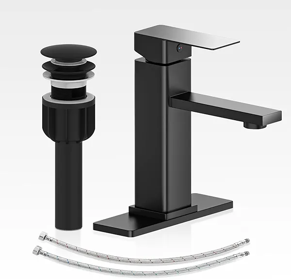 Casavilla Bathroom Faucet Set with Pop Up Drain, Single Handle Black Bathroom Sink Faucet with Deck Plate, Farmhouse RV Vanity Faucets for Sink (1 Hole or 3 Holes)