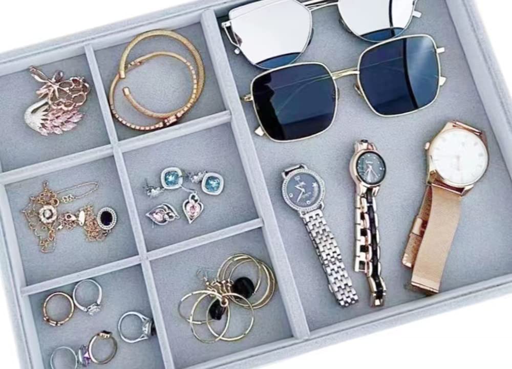 Svea Display Velvet Grey Jewelry Trays Premium Grade Drawer Insert Divider Stackable Organizer (ring and open tray)