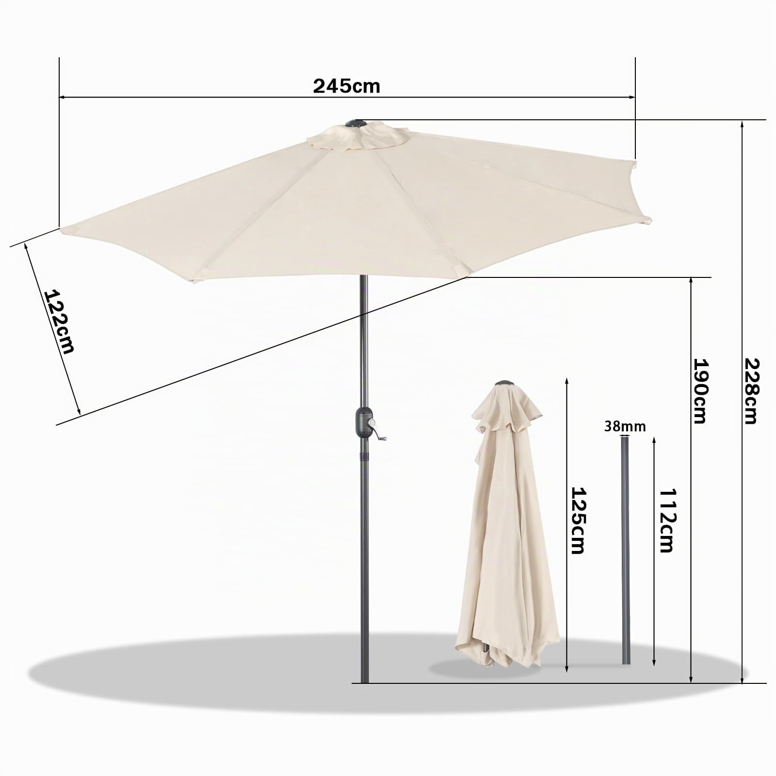Angel Living Half Circular Parasol, Sombrilla Semicircular 250cm de Acero, Mástil Central de Acero de 38 mm, Para Jardín Patio Balcón