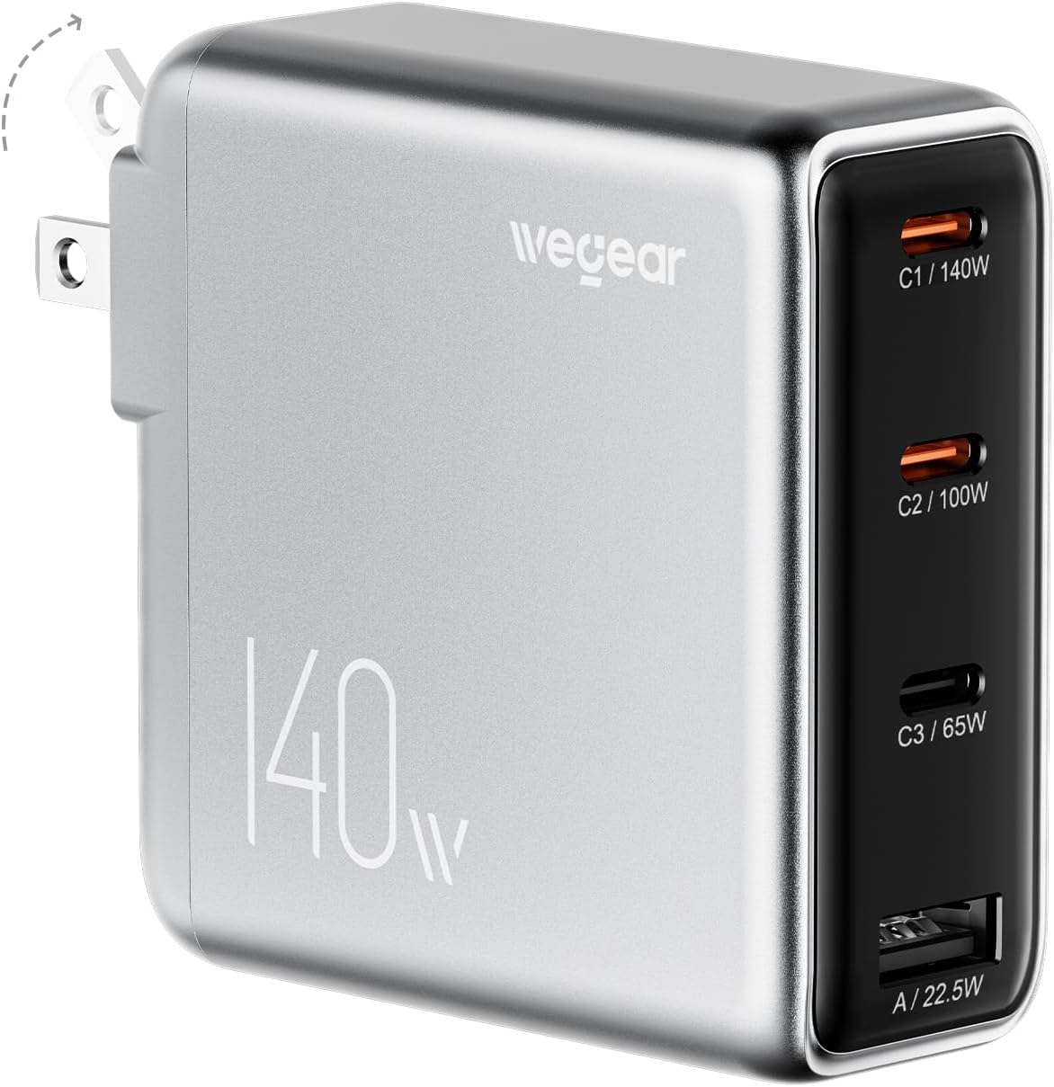 wegear 140W USB-C Charger for Laptop, Slim 4-Port PD 3.1 GaN Block-Silver