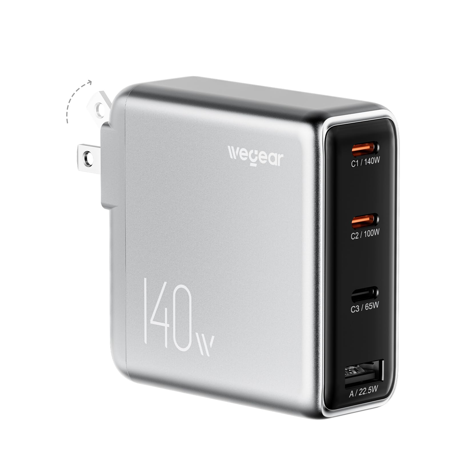 wegear 140W USB-C Charger for Laptop, Slim 4-Port PD 3.1 GaN Block-Silver | Fast Charging, Foldable Plug, Type‑C Wall Charger Power Adapter for MacBook Air/Pro, iPad, iPhone 17/16, Galaxy S25