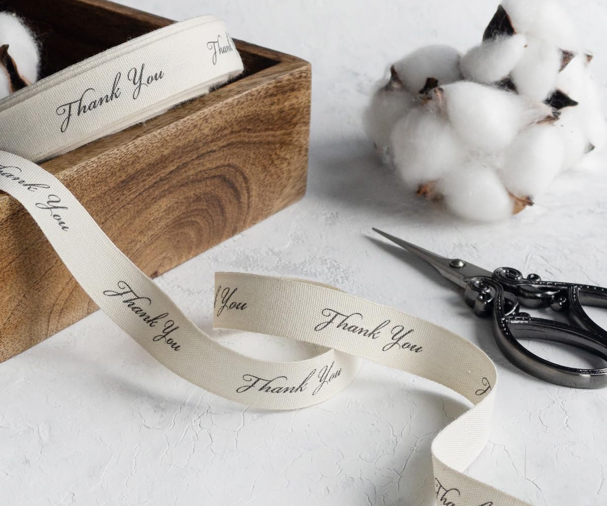 Thank You Print Ribbon, 20 Yards, 5/8” (15 mm), Natural Cotton, Gift Wrapping, Customer Appreciation - Image 2