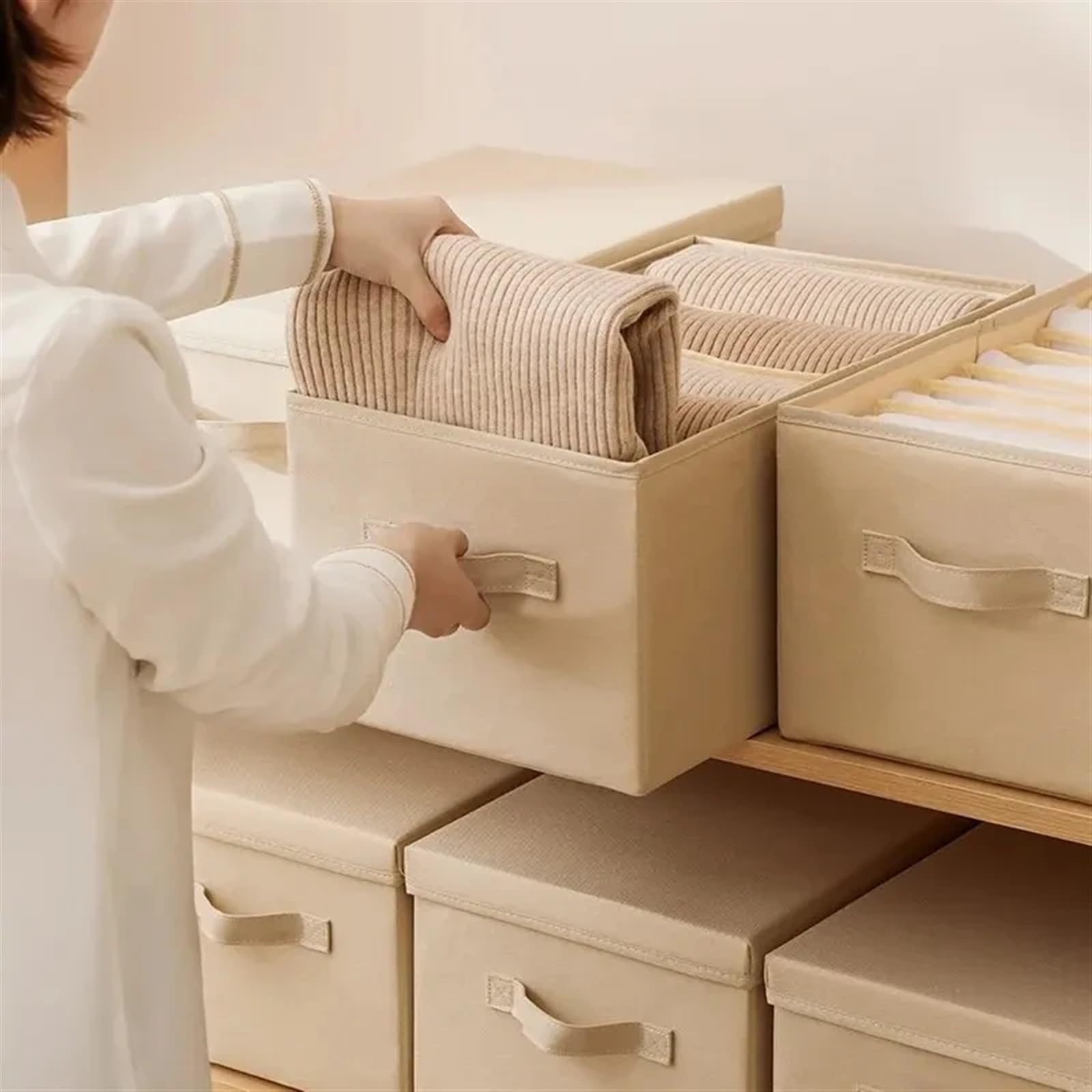 Boîte De Rangement Pliante Organisateur de garde-robe lavable, 6 pièces, diviseur placard pliable, tiroir sous-vêtements, boîte séparation en maille for T-shirt, Legging, etc(Beige,7-grids)