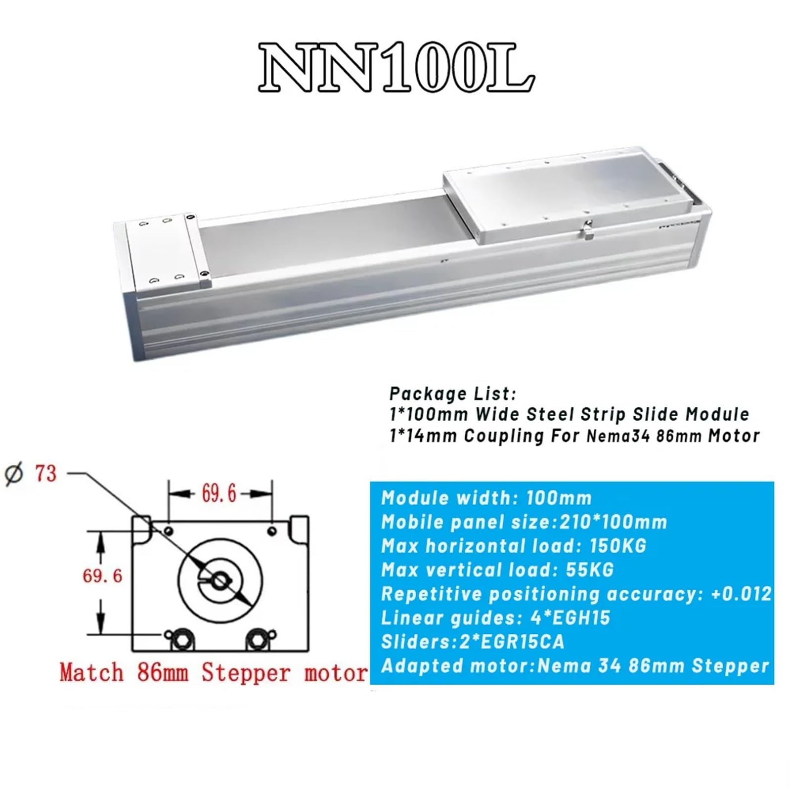 Attuatore lineare completamente chiuso, larghezza 100 mm, carico pesante 150 kg, tavolo scorrevole di precisione 4*EGH15CA SFU1605/1610, precisione ±0,012 mm(57mm Motor,SFU1610-200MM Stroke)
