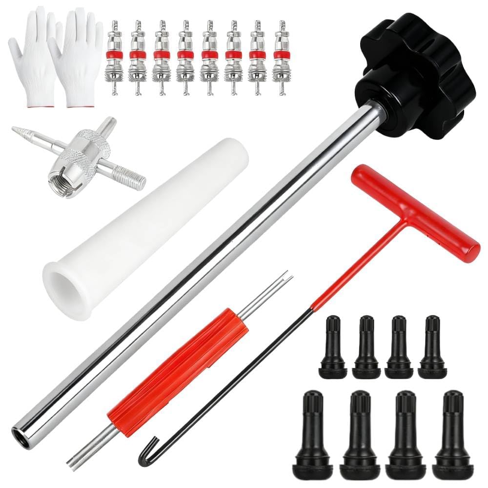 22 Piezas Herramientas para Válvulas de Neumáticos Set,con Válvula de Goma TR413 TR414,Que Incluye Extractor de Válvulas,Herramienta de Gancho,para Coches, Camiones y Motos (Negro y Rojo)