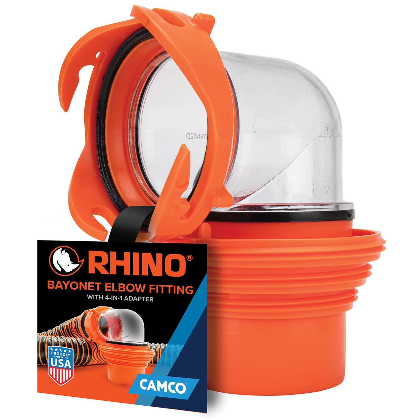 Camco RhinoFlex Clear RV Sewer Hose Elbow with 4-in-1 Adapter - Features a 360-Degree Fitting Rotation and Built-in Gasket for Odor-Tight Protection - Fits 4 Sizes of Dump Station Inlets (39736)