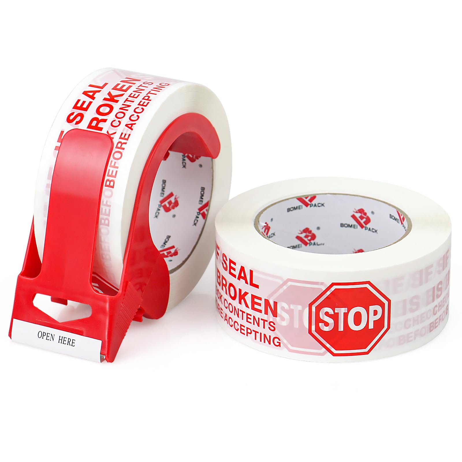 BOMEI PACK Stop Sign Sealing Tape,Pre-Printed IF Seal is Broken Check Contents Before Accepting Packing Tape with Dispenser 2 Inch x 110 Yards Heavy Duty Shipping Tape for Moving,Sealing