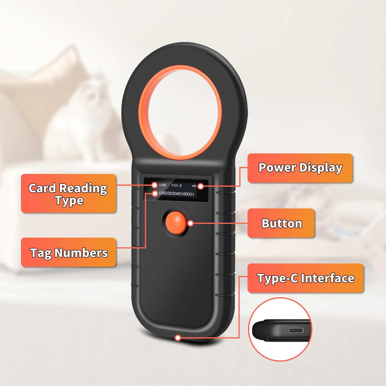 Lecteur de Puces OLED pour Chiens/Chats, Scanner de Micropuces pour Animaux de Compagnie, Lecteur de Puces USB pour Animaux de Compagnie Rechargeable pour EMID/FDX - B (ISO 11784/11785)