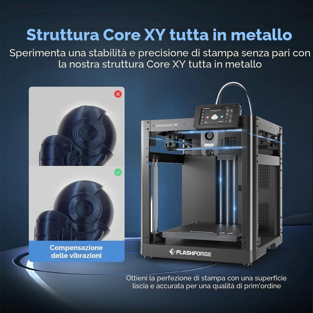 FLASHFORGE Adventurer 5M Stampante 3D, stampante livellante completamente automatica con stampa ad alta velocità 600mm/s, struttura XY core, grandi dimensioni di stampa 220 * 220 * 220mm