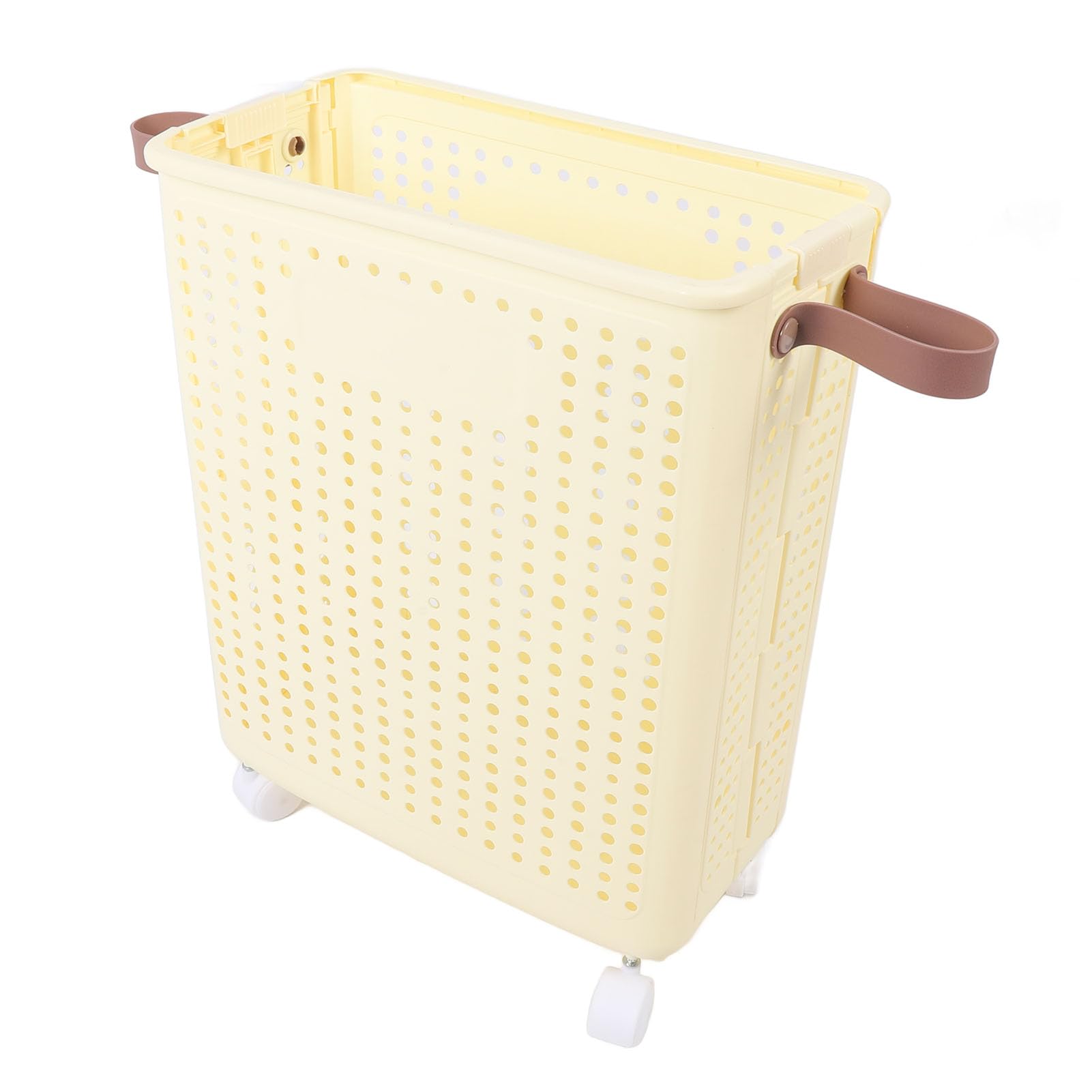Cesto portabiancheria sottile, pieghevole, salvaspazio, robusto, in plastica PP, stretto, per angolo bagno, lavanderia, bianco crema (Con ruote)