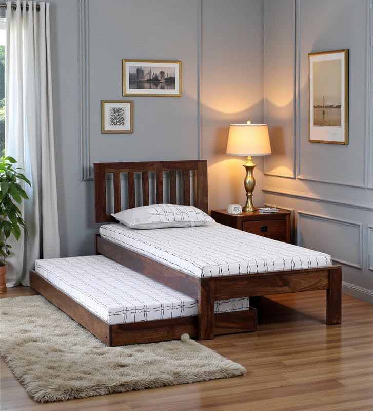 Image of Solid Sheesham Wood Wave Single Size Trundle Bed with 1 Extra Pullout Bed | Wooden Single Bed Cot Palang Furniture for Bedroom Living Room Home and Hotel (Provincial Teak Finish)