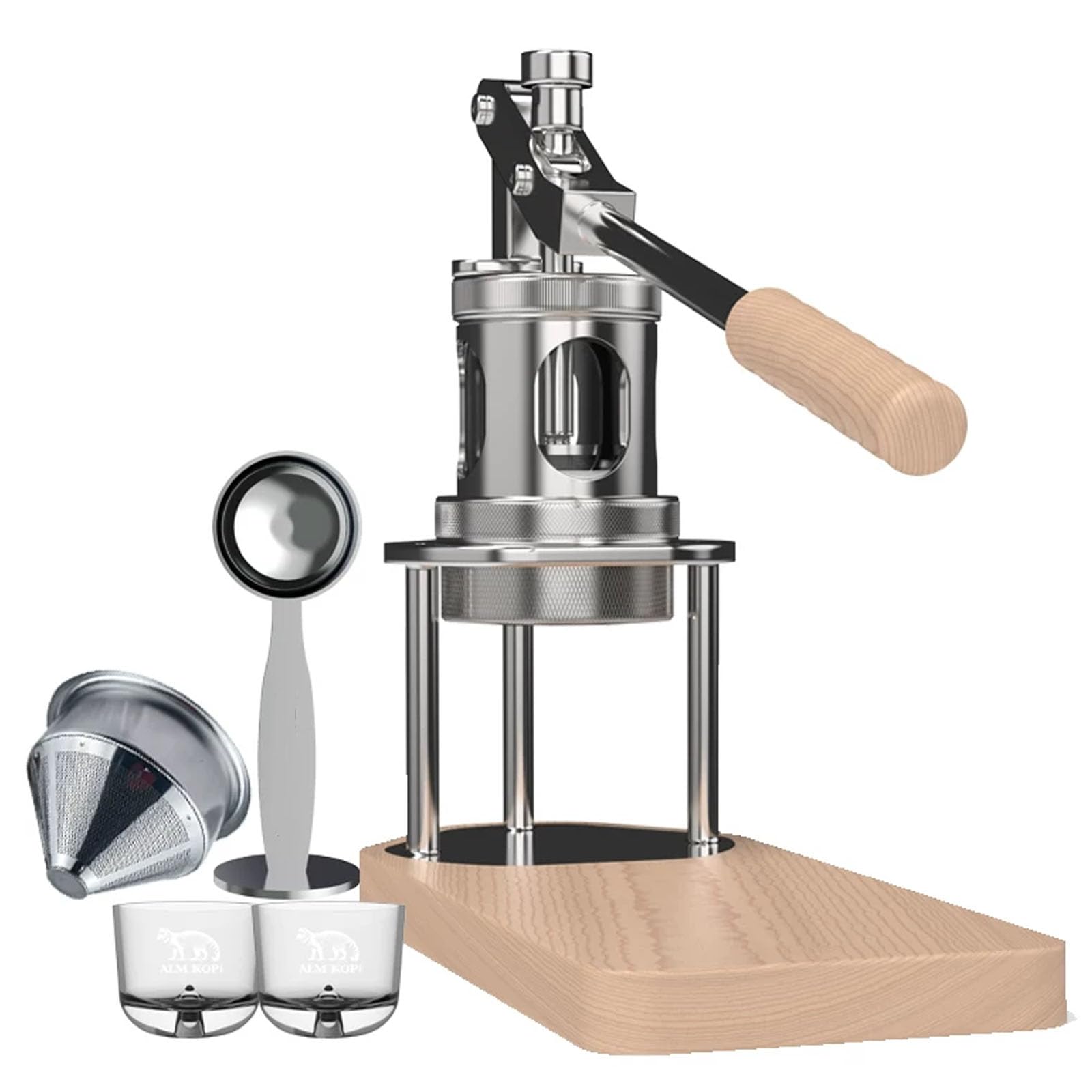 58mm Pneumatic Coffee Machine, Manual Air Pressure Coffee Maker With Pressure Gauge And Wooden Base, 6-9 Bar Extraction, Stainless Steel Material, Detachable Portable Design For Home, Travel,