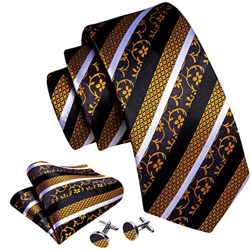 Image of Barry.Wang Man Stripe Ties Set Silk Woven Pocket Square Necktie Cufflinks Formal Party Business