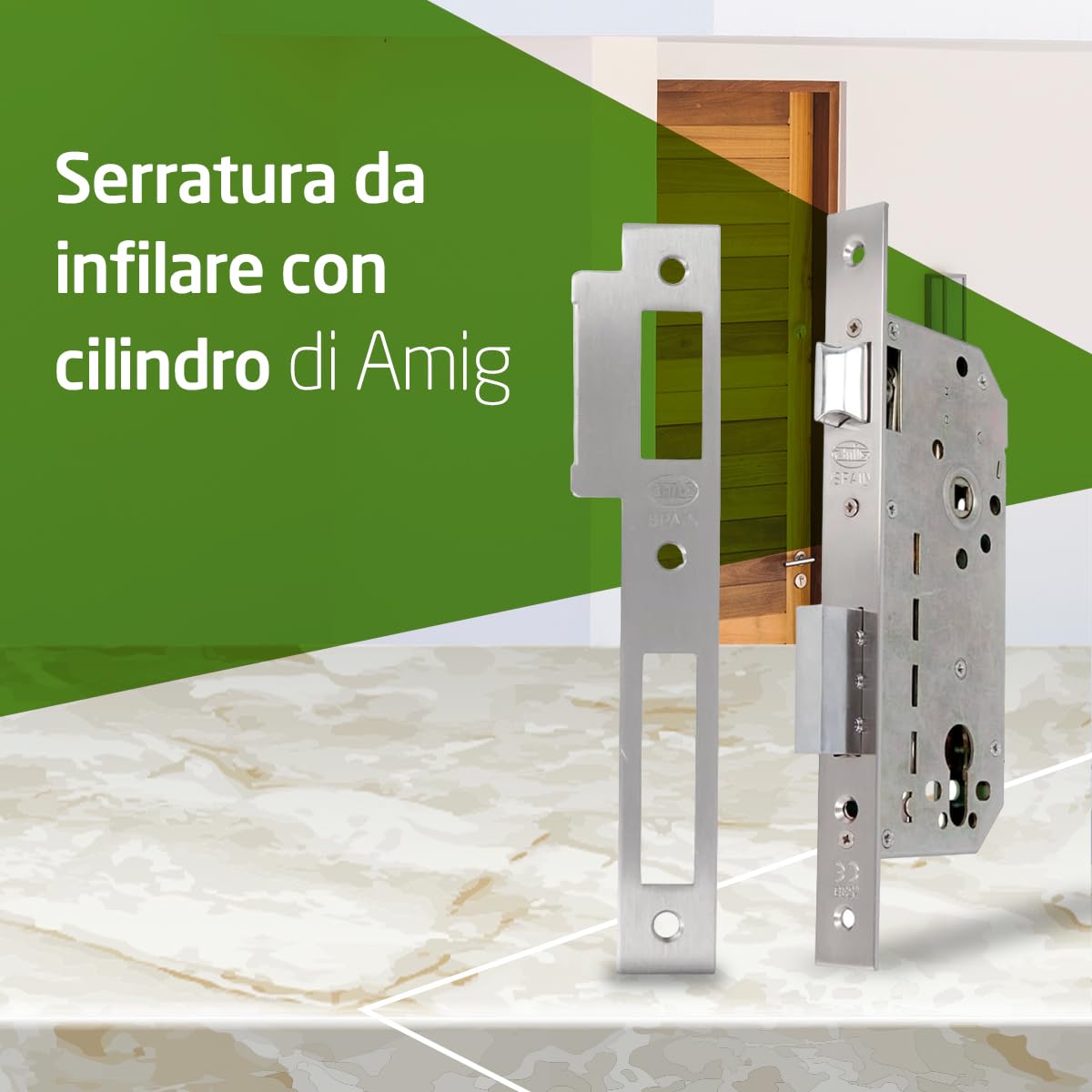 Amig - Serratura da Incasso per Porte d’Ingresso in Legno - Cilindro di Sicurezza, Bocchetta e 5 Chiavi Incluse - Per Maniglie con Quadro da 8 mm - Acciaio - Cromato