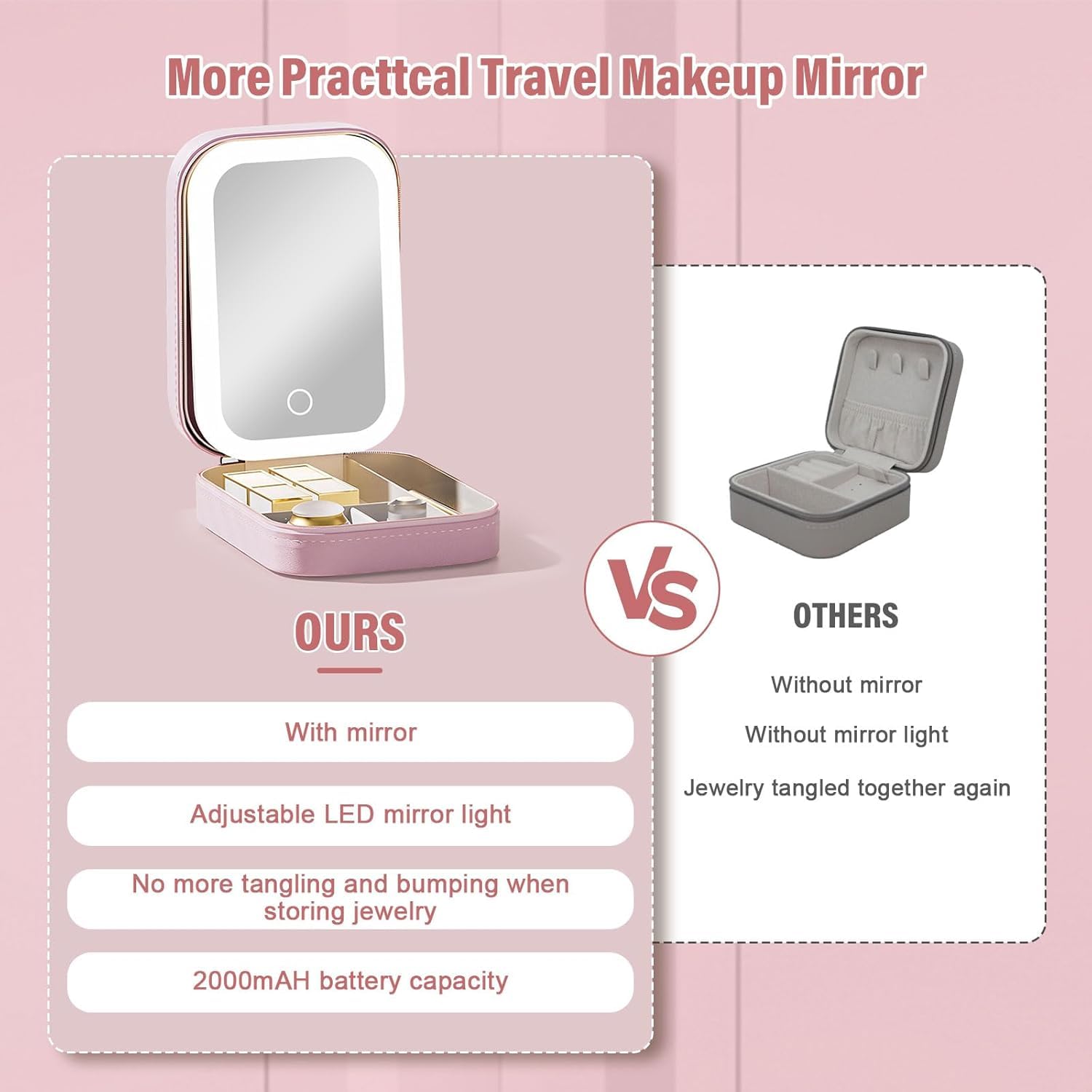 CREWLA LED Lighted Makeup Mirror Jewelry Box – Portable 2-in-1 Travel Organizer with Adjustable Lighting, Cosmetic Storage & Rechargeable Battery – Compact Vanity Mirror for Women (Pink Led Mirror) 4