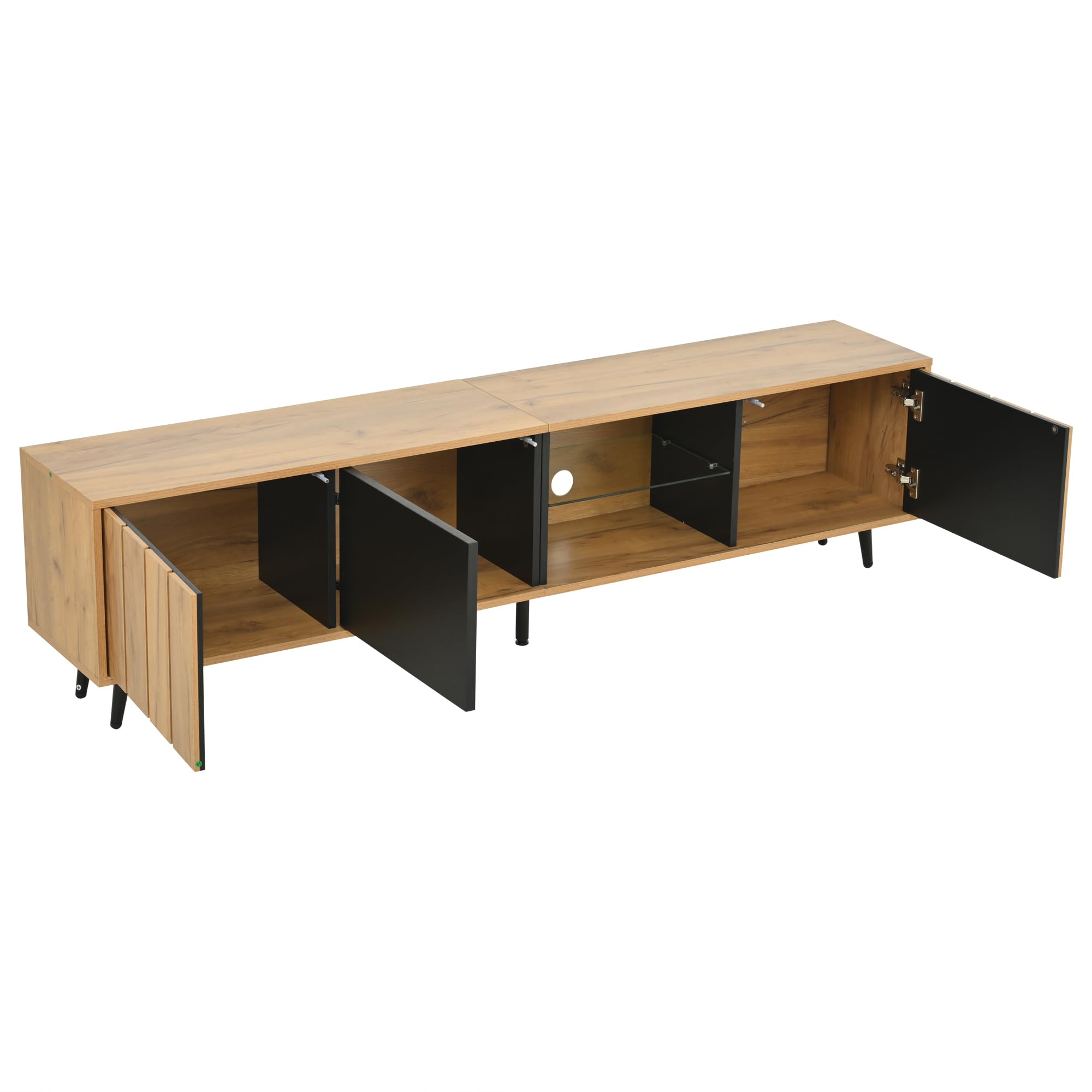 175 x 31,5 x 45 cm szafka pod telewizor do salonu, szafka TV z 3 szafkami, prosta szafka do salonu z oryginalnym kolorem drewna + czarny splot, pasuje do telewizorów o przekątnej ekranu 75"