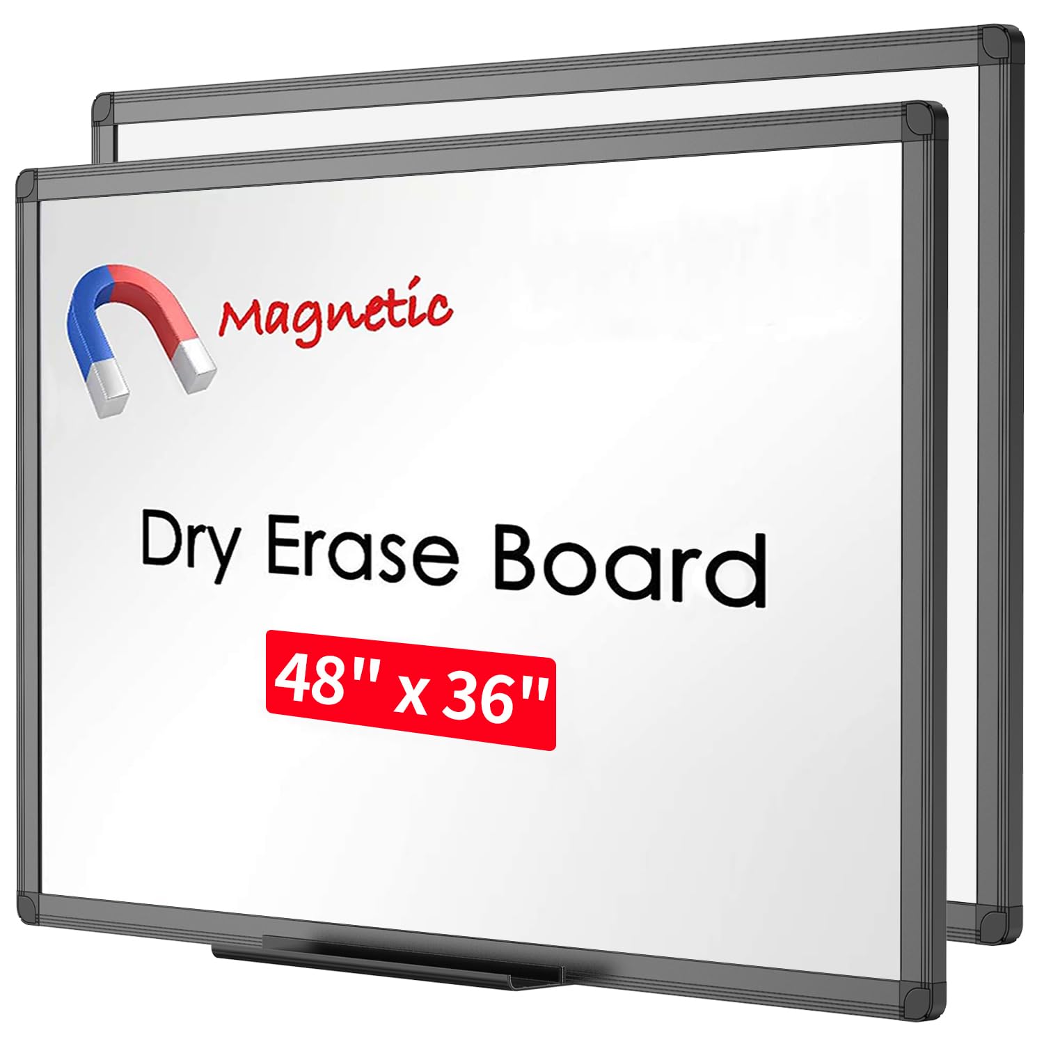 VIZ-PRO Magnetic Whiteboard 120 x 90 cm, 2 Pack, Dry Erase White Board with Pen Tray, Black Aluminium Frame, Dry Wipe Writing Board for Office, Home & School