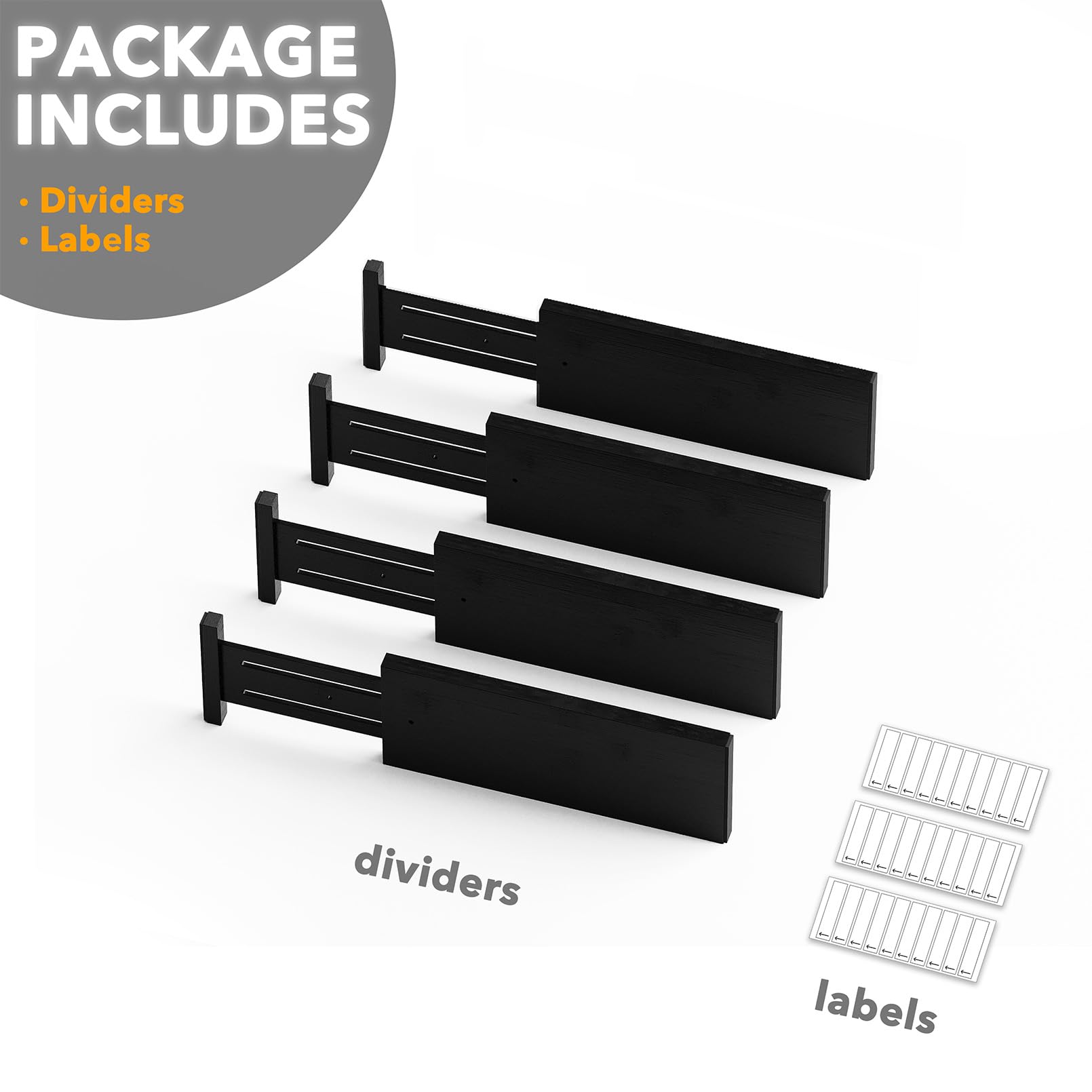 SpaceAid Confezione da 4 divisori per cassetti in bambù, altezza 11,8 cm, regolabili, organizer espandibili per vestiti, vestiti, cassettiere (30,5-44,5 cm), nero