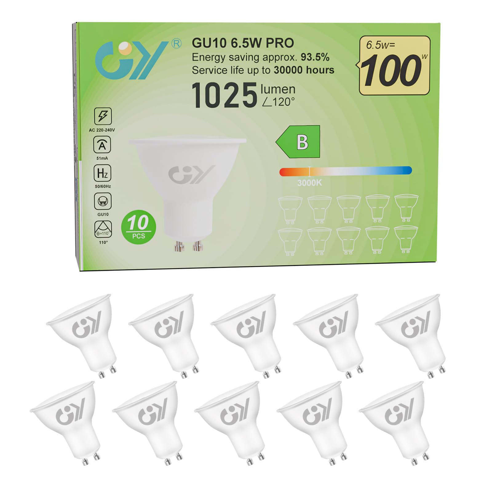 GY GY GU10 LED Bulbs 6.5W 1025lm High Brightness Warm White 3000K Energy Saving,The New UK Energy Efficiency Class B Replaces 90W, 110°Beam Angle Non-Dimmable, 10 Pack