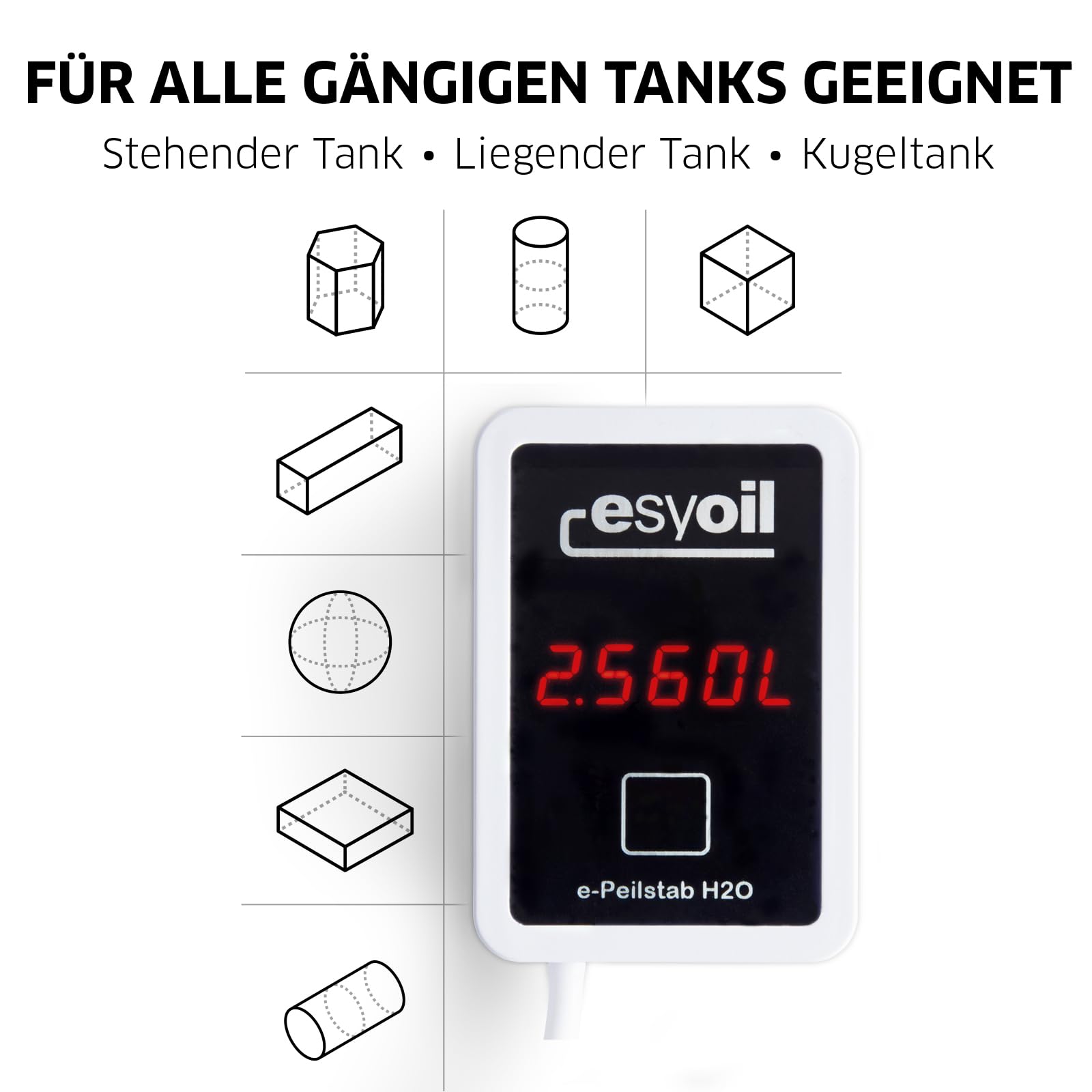 e-Peilstab: Digitale Füllstandsanzeige für Wassertank/Zisterne/Regenwassertonne | Anzeige in Liter, Zentimeter und Prozent | einfache Montage | kein WLAN erforderlich