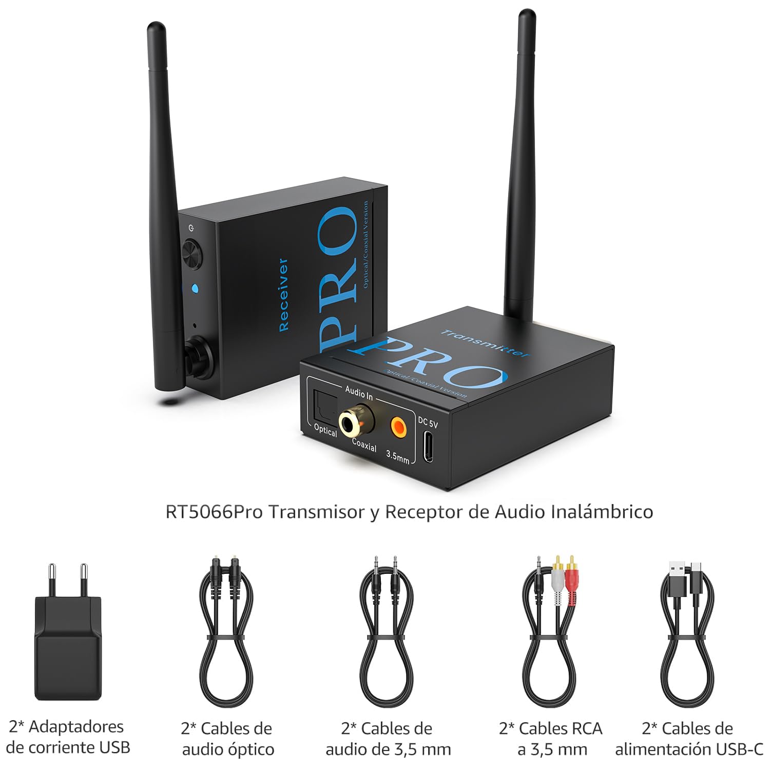 1Mii (1 TX + 1 RX) Transmisor Receptor de Audio Inalámbrico | Transmisión de Audio 2,4 GHz, HiFi desde TV/PC a Altavoces Activos/Amplificadores/Receptores AV, Óptica/Coaxial/3.5mm/RCA