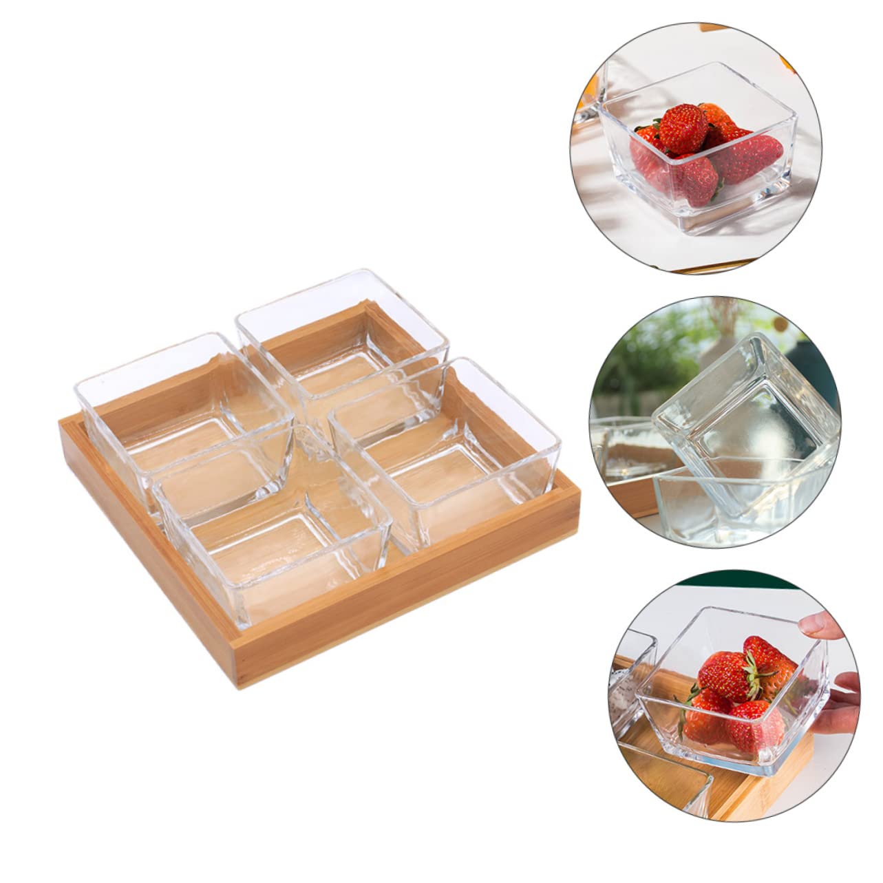 Zerodeko Plateaux de Service en Verre Divisé pour Fruits Secs et Noix Support en Bois, Design Solide et Multifonction pour Collations et Apéritifs Couleur Aléatoire