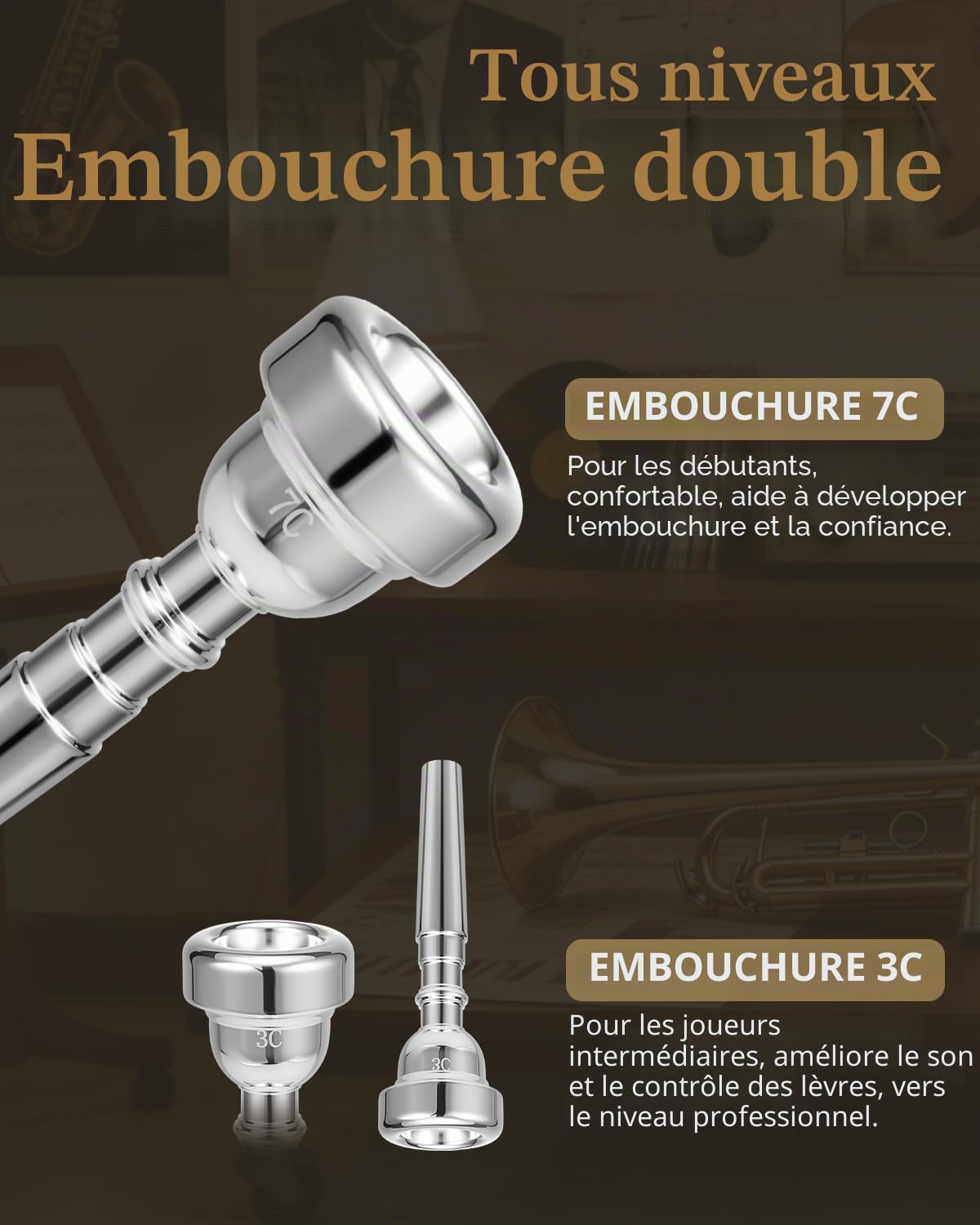 STRICH Ensemble de trompette standard en si bémol pour débutants, trompette d'étude en laiton avec étui rigide, kit d'entretien, embouchures 7C et 3C, gants - STR-1G, dorée