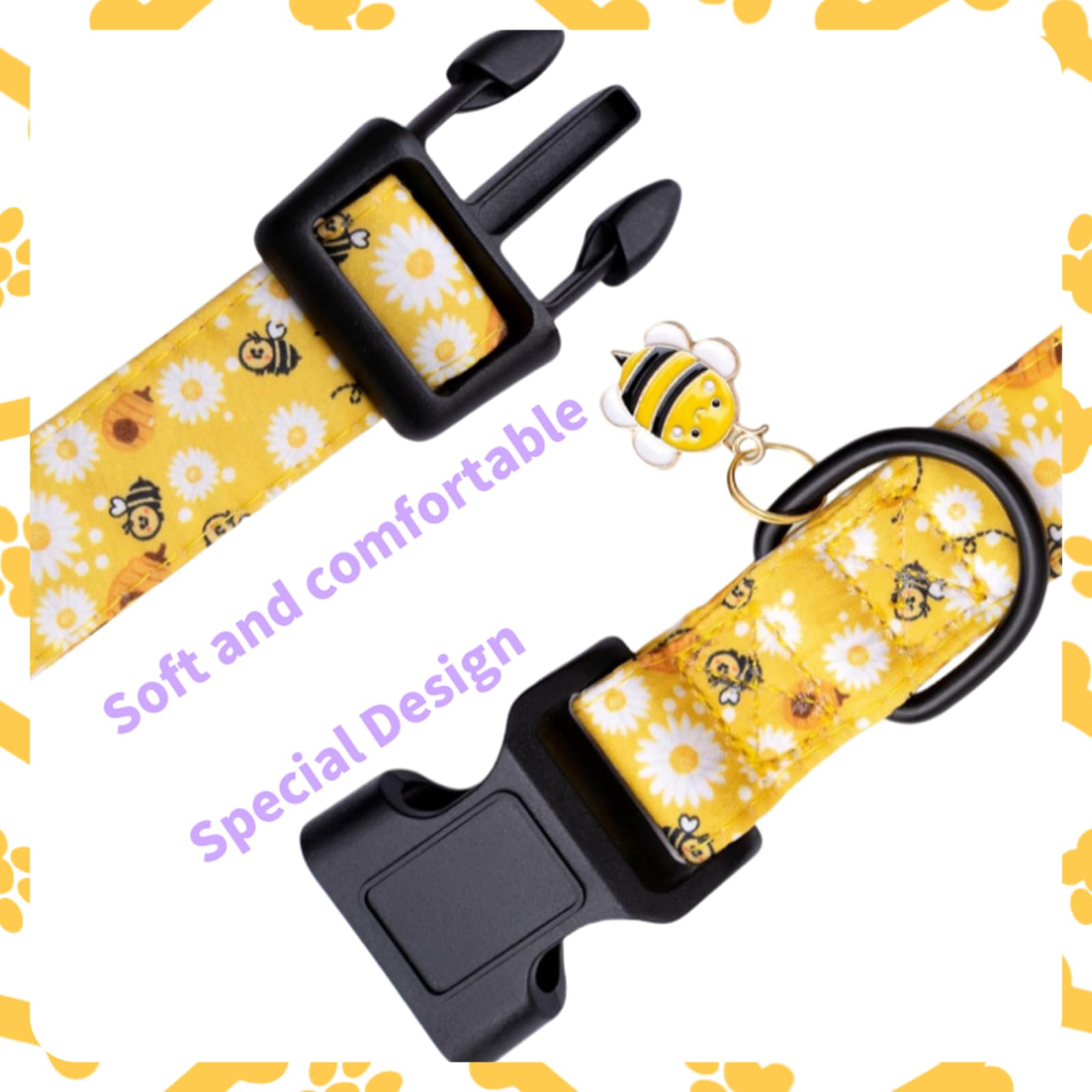 Soft Adjustable Dog Collar,Dog Collar with Colorful Flowers Printed (Yellow Bee, S(Neck 25-40cm,Width 1.5cm)) - Image 3