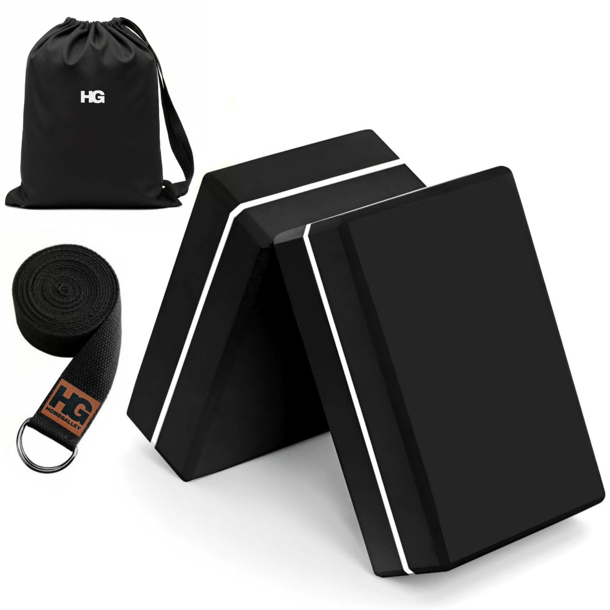 Yoga Blocks Pack of 2 with Belt for Exercise High Density Eva Exercise Block Pair to Improve Strength, Balance, Stretching Yoga Bricks Set with Strap for Women and Men, Black