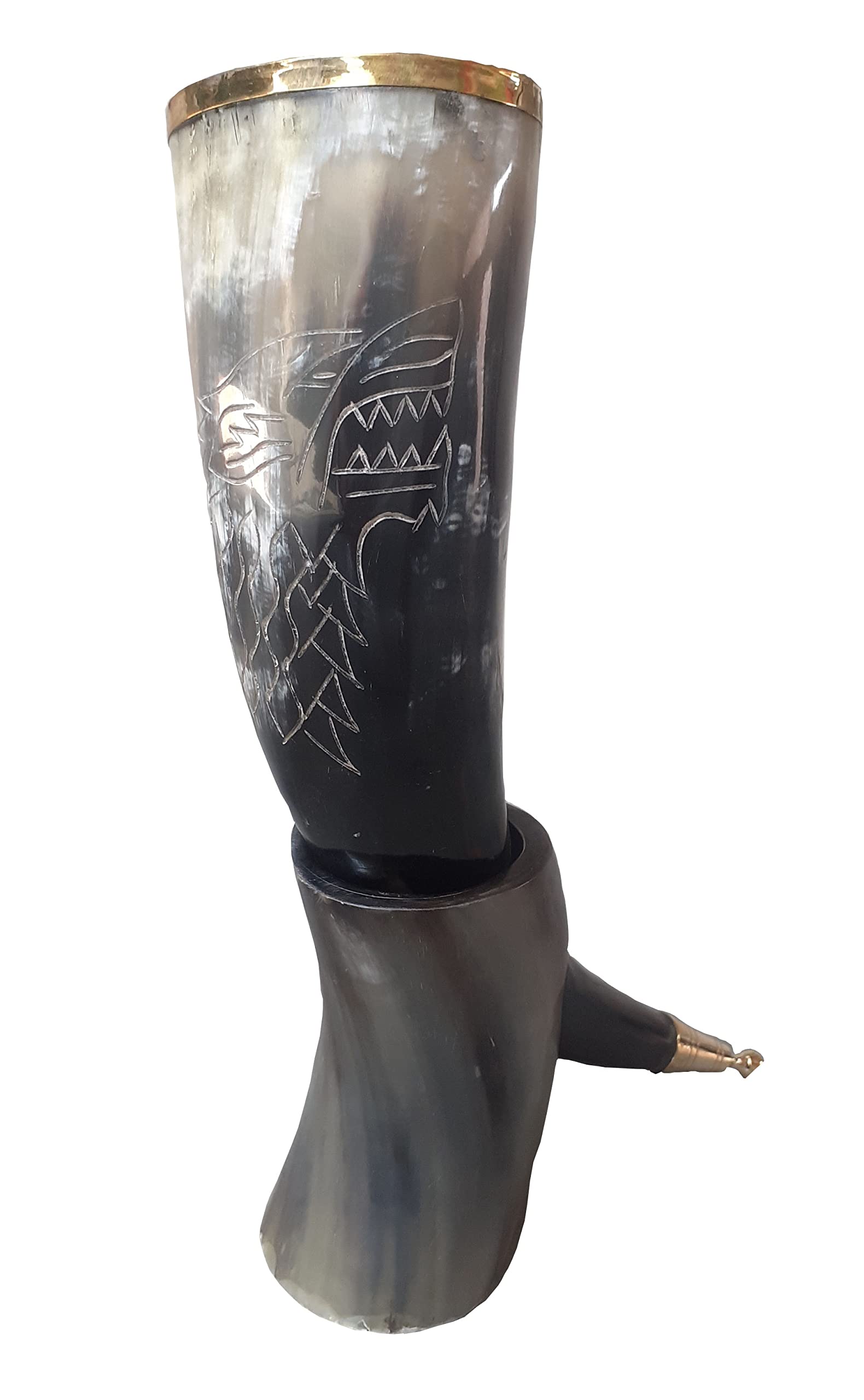 THE ANTIQUE HOUSEWolf Engraving Ox-Horn Viking Drinking Horn Mug with Stand & Brass Rim Halloween Party Father Day Gift