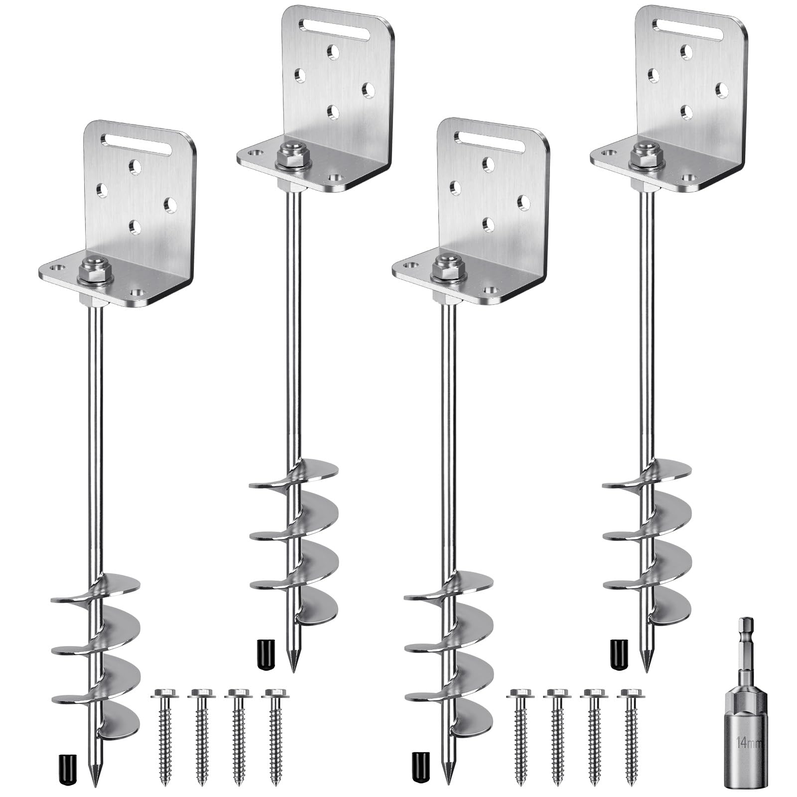 Insaga 24'' Heavy Duty Ground Anchors Screw in 10mm Solid Steel with L Bracket for Trampoline Mobile Home Swing Set Shed Carport Tent Earth Anchor Fence, 2.7" Helix Blade & Chrome Plated Finish, 4Pack