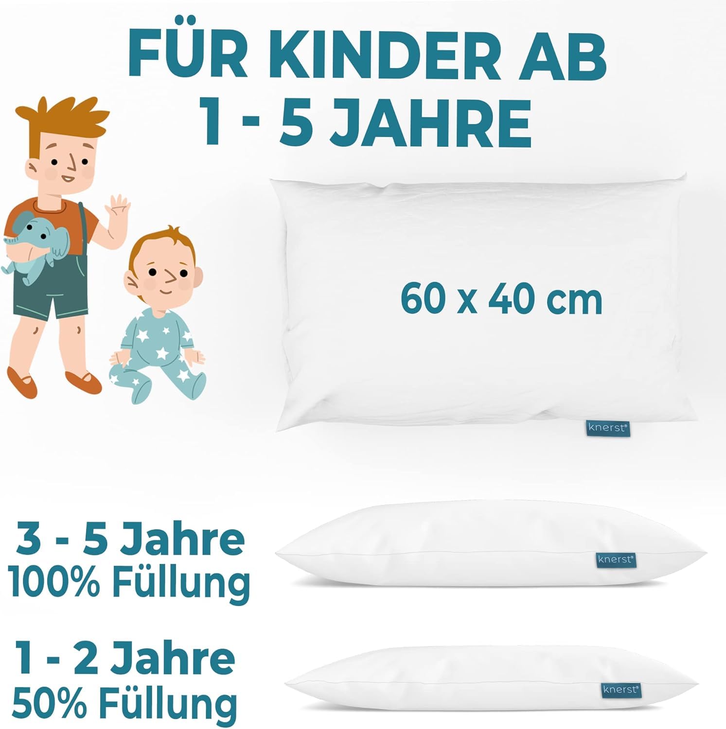 Kinderkopfkissen Kissen 40x60 - Ergonomisches Kissen Kinder für weiche Träume - Komfortkissen Kinder für optimale Stützkraft - Baby Kissen mit Baumwollbezug & waschbar 60°C - Made in Spain & Öko-Tex