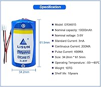 Vista 2 de (1 paquete de batería de litio ER34615 D Cell de 3.6 V 19000 mAh para programador PLC multiusos, batería ETC con enchufe blanco