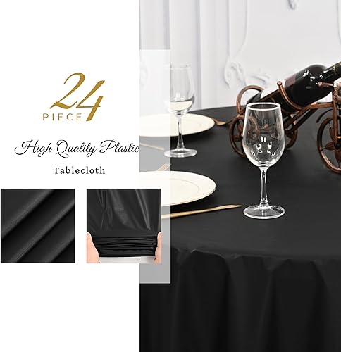 Miniatura 5 de YMHPRIDE Paquete de 24 manteles redondos negros, manteles desechables de plástico negro de 96 pulgadas, manteles de plástico negro para fiestas,