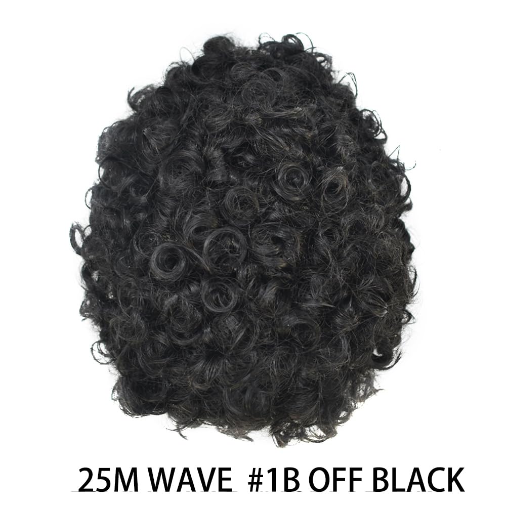 25MM Curly Toupee Durable Full Poly Skin Curl Toupee for Men Human Hair Replacement System Mens Hairpieces and Toupees Capillary Prosthesis (1B# OFF BLACK, 8 * 10-25 MM Wave)