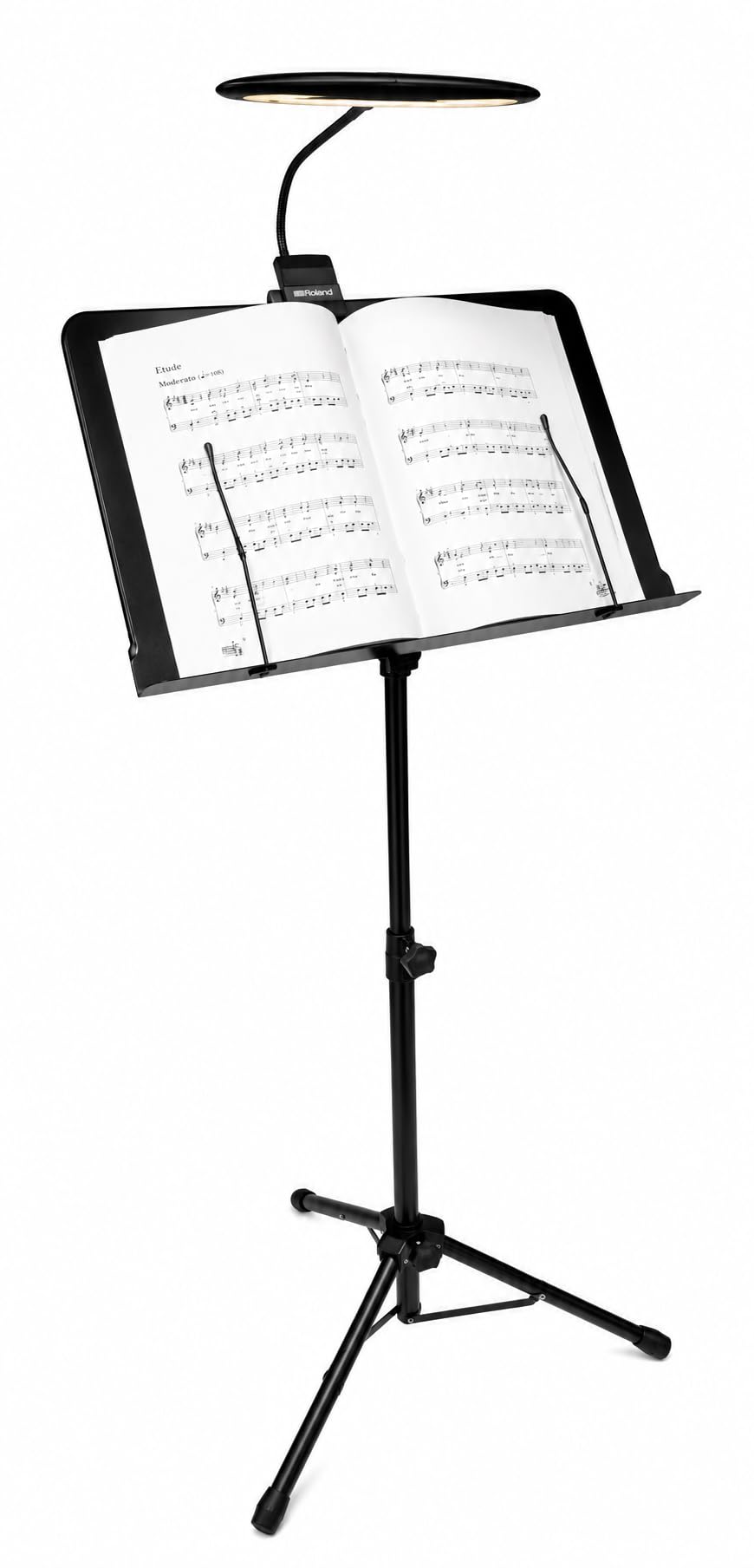 Atril Partituras Profesional Plegable MS-533L con Lampara LED Roland Incluida | Soporte Metálico Ajustable para Músicos, Orquesta | Base Trípode Antideslizante + Clip Light USB