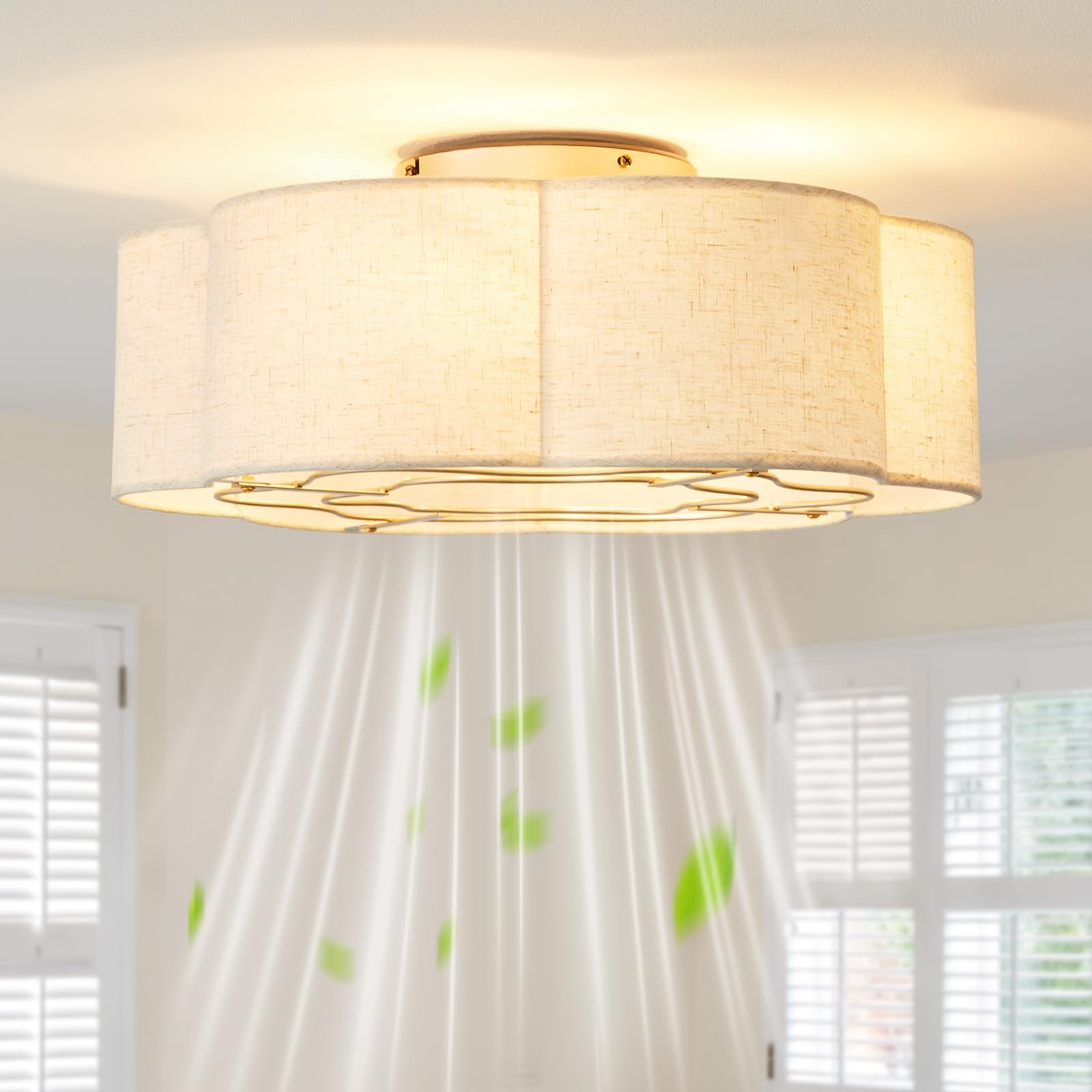 20" Boho Ceiling Fan with Lights Flush Mount, Low Profile Ceiling Fans with Lights Remote Control, Fabric with 6 Speeds for Nursery, Bedroom, Kitchen, Beige