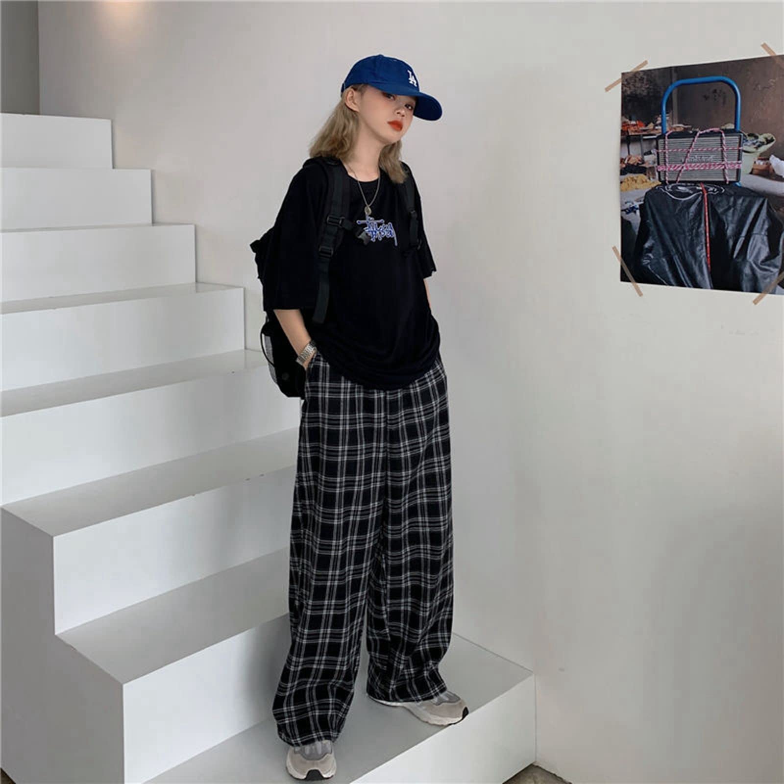 TRUEVIRON-C Plaid Pants Women Casual Loose Wide Leg Trousers Retro Teens Straight Trousers Hip-hop Unisex Oversize Streetwear Black