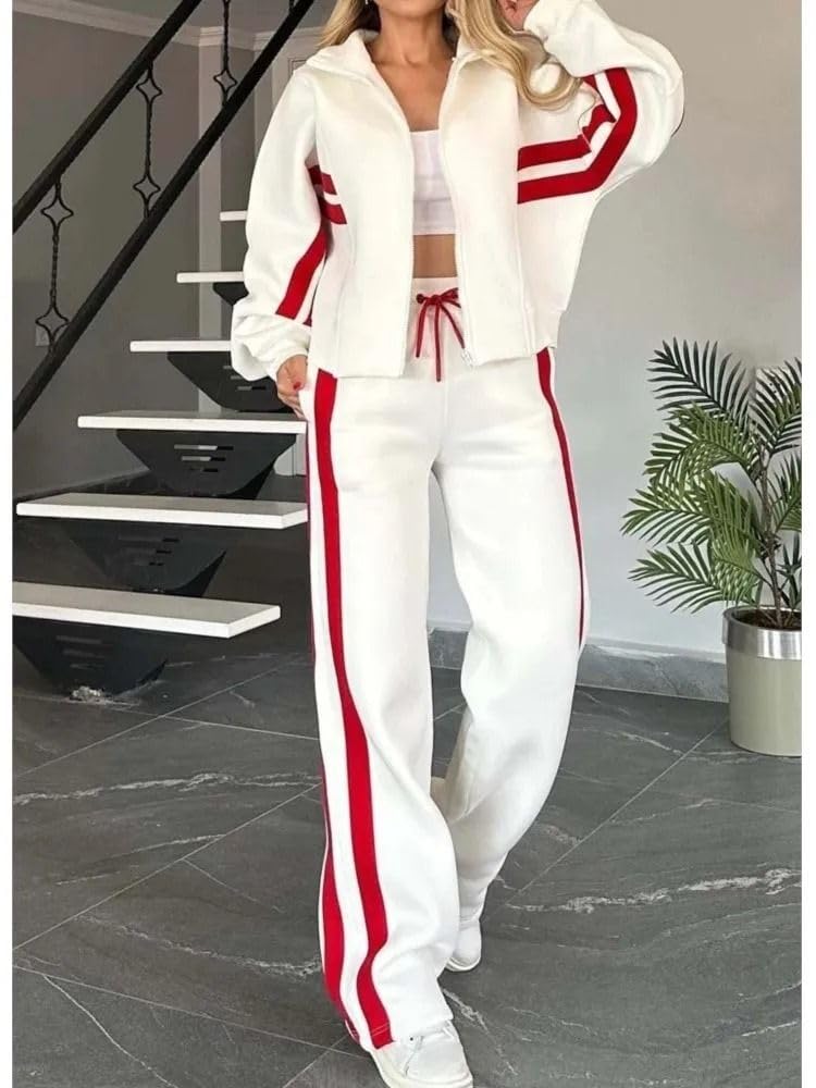 Ensemble 2 pièces sport pour femme, sweat rayé à capuche et pantalon large décontracté