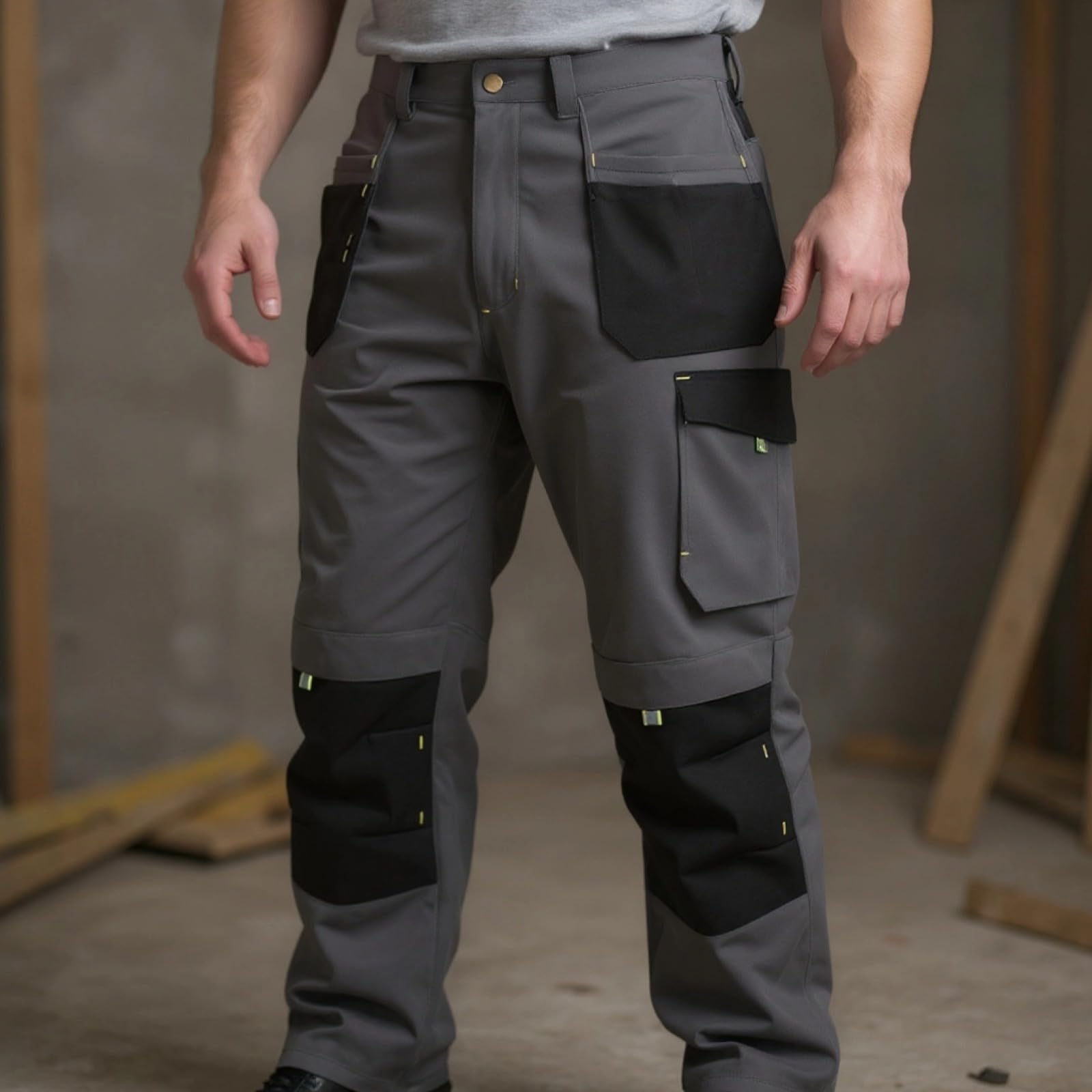 Pantaloni da lavoro cargo da uomo, vita elastica, ginocchia rinforzate, multi tasca, pantaloni da lavoro grigi