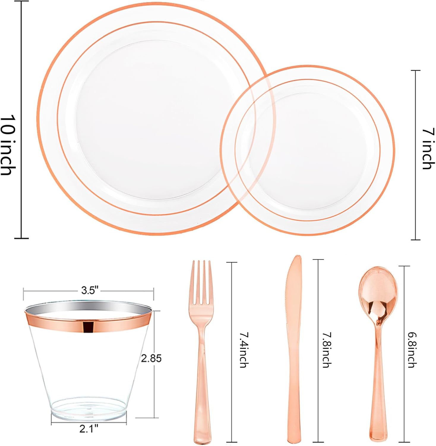 bUCLA 150PCS Clear Rose Gold Disposable Dinnerware set - Rose Gold Plastic Plates Include 25 Dinner / 25 Dessert Plates, 25 Knives, 25 Forks, 25 Spoons, 25 Cups for Party, Wedding & Valentines Day - Image 2