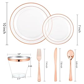bUCLA 150PCS Clear Rose Gold Disposable Dinnerware set - Rose Gold Plastic Plates Include 25 Dinner / 25 Dessert Plates, 25 Knives, 25 Forks, 25 Spoons, 25 Cups for Party, Wedding & Mother\'s Day