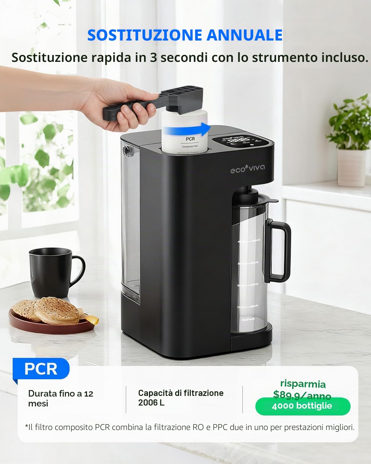 Ecoviva Mate 3 Filtro per acqua ad osmose inversa da banco con 2 caraffe di riempimento automatico, sistema di filtrazione RO a 8 fasi, senza installazione, riduce il TDS, rapporto puro-scarico 3:1