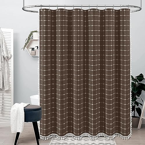 Image of BTTN Stall Fabric Shower Curtain - 54x78 Inches Boho Linen Heavy Duty Tassel Shower Curtain Set with 10 Hooks, Narrow Rustic Modern Farmhouse Neutral Cloth Thick Shower Curtains for Bathroom - Brown
